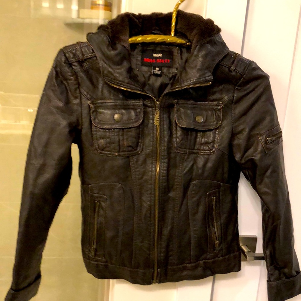 Fur lined hooded distressed brown faux leather jacket.